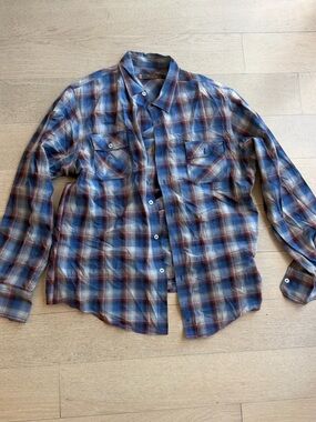 Ben Sherman Blue Plaid Button-Down Shirt with Red Accents